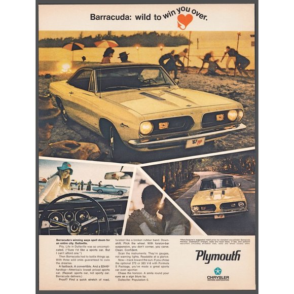 1967 Plymouth Barracuda Hardtop Vintage Print Ad Beach Sunset Limbo Wall Art - Picture 1 of 1